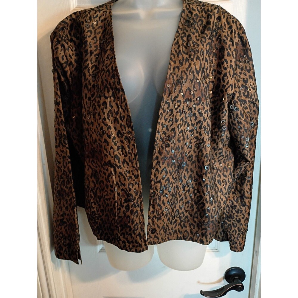 Chicos Blazer Silk Animal Print Sequin Brown Sz 3 L Vintage Classic
